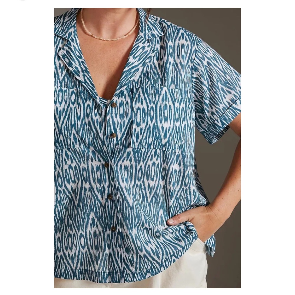 Anthropologie Pilcro Voile Surf Shirt, blue ikat pattern, M